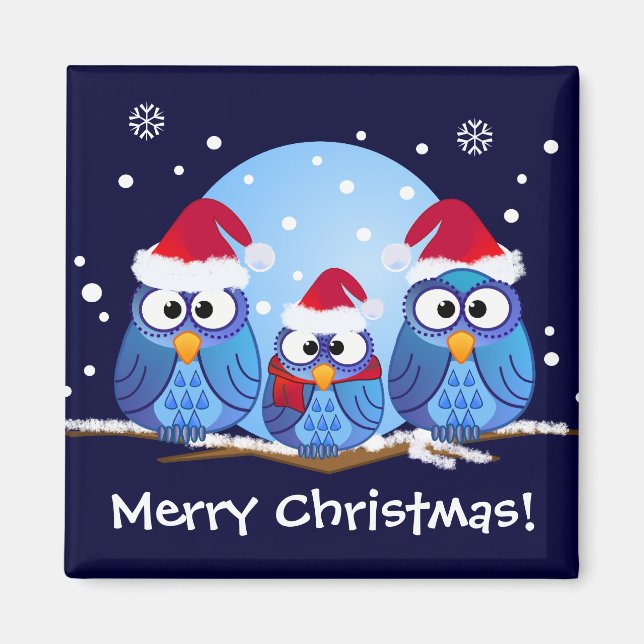 Eulen mit Weihnachtsmannmützen Magnet (Vorne)