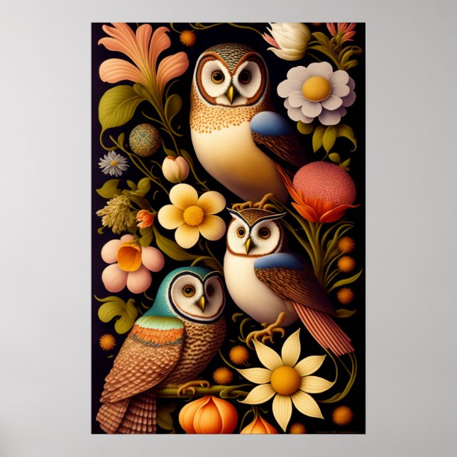 Eulen und Blume | Modernes Haeckel Poster (Vorne)