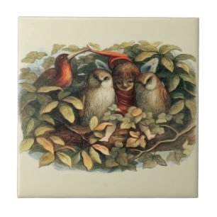 Eulen und Elfenfeen Naturillustration Fliese