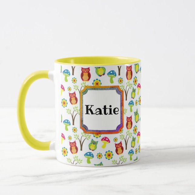 Eulen und Pilze Niedlich Name des Retro Tasse (Links)