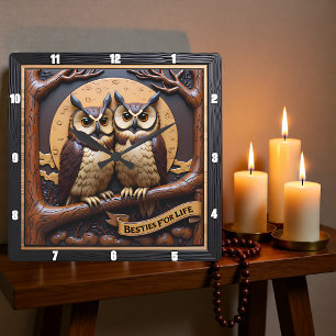 Eulen-Zweig-Banner Braun Quadratische Wanduhr