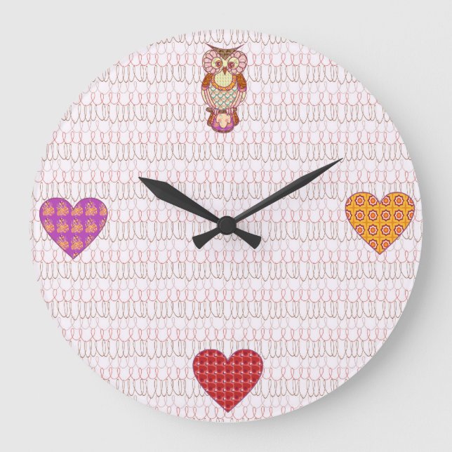 Eulenherzen aus Patchwork Große Wanduhr (Vorderseite)