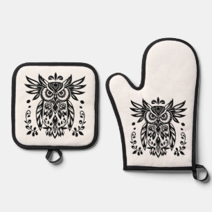 Eulenliebhaber Rustikale Wälder Schwarz Weiß Bohem Ofenhandschuh & Topflappen-Set