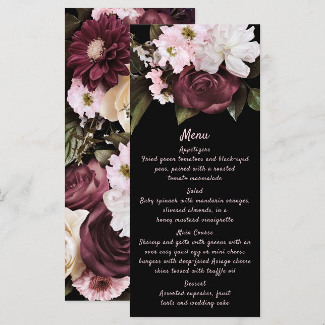 Euphoria Burgundy & Pink Floral Mariage Menu (Devant / Derrière)