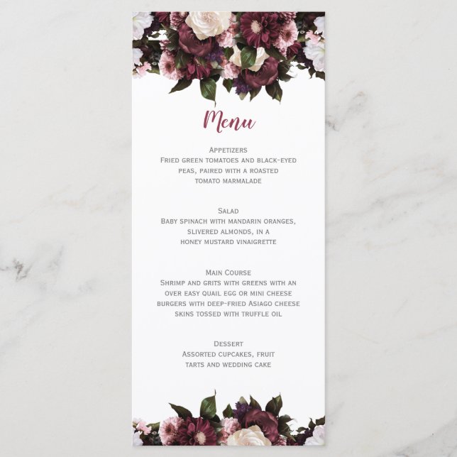 Euphoria Burgundy und Pink Floral Bouquet Wedding Menükarte (Vorderseite)