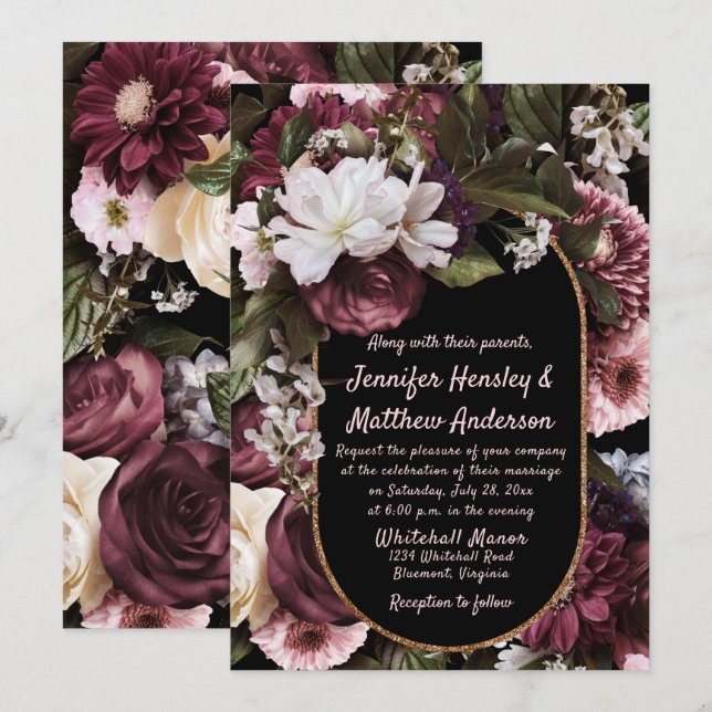 Euphoria Burgundy und Pink Rustic Floral Wedding Einladung (Vorne/Hinten)