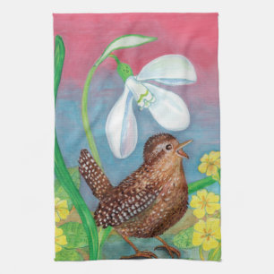 Eurasische Wren & Snowdrop & Primroses Geschirrtuch
