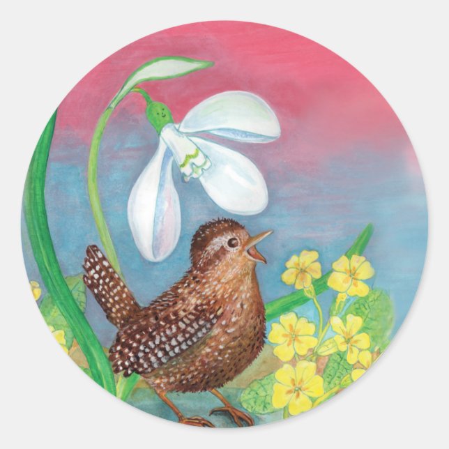Eurasische Wren & Snowdrop & Primroses Runder Aufkleber (Vorderseite)