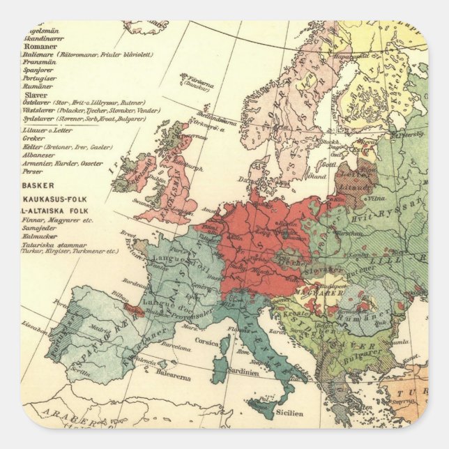 Europa-Karte-Länder - Weltantike Quadratischer Aufkleber (Vorderseite)