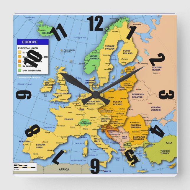 Europa-Kartenuhr Quadratische Wanduhr (Vorderseite)
