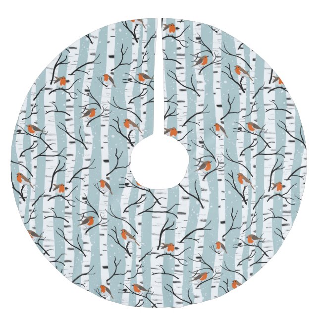 Europäische Robins auf Silberzange im Schnee blau Polyester Weihnachtsbaumdecke (Vorderseite)