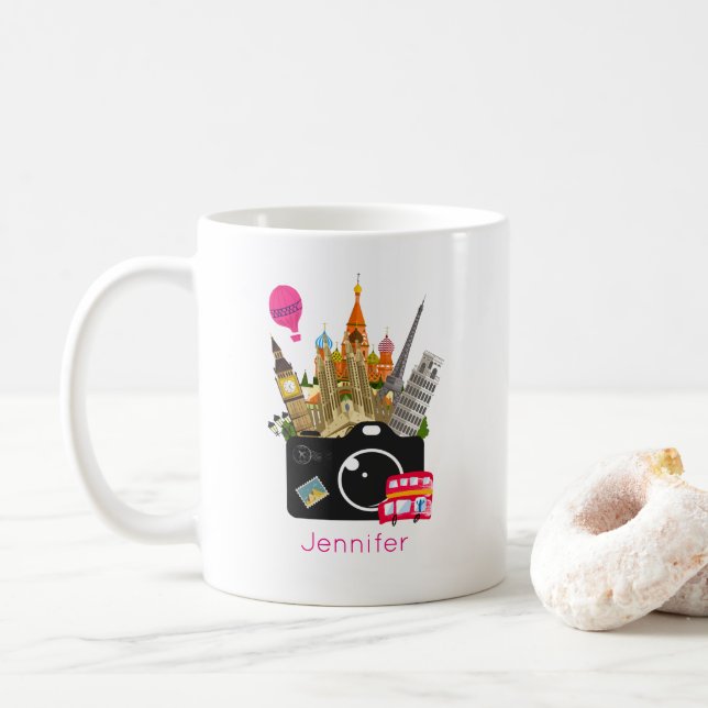 Europäische Sehenswürdigkeiten Reisefotograf Kaffeetasse (Mit Donut)
