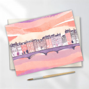 Europäische Stadt Sonnenuntergang   Aquarell Postkarte