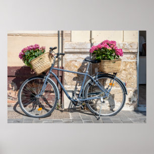 Europäische Straße mit Fahrrad und rosa Blume Poster