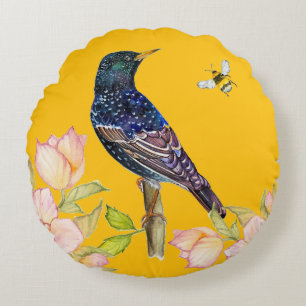 Europäischer Star Vogel Aquarell-Wrap-Papier Rundes Kissen