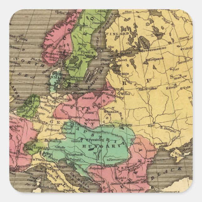 Europe Hand Coloed Atlas Map Quadratischer Aufkleber (Vorderseite)