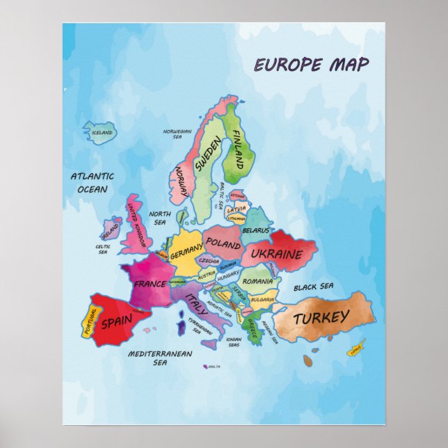 Europe Map Aquarellbilder Poster (Vorne)