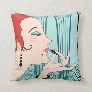 EVE, Art Deco Lady in Aqua und Aquamarin Kissen