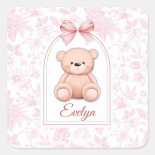 Evelyn Benutzerdefiniertes rosa Teddy-Bär-Kinder Quadratischer Aufkleber