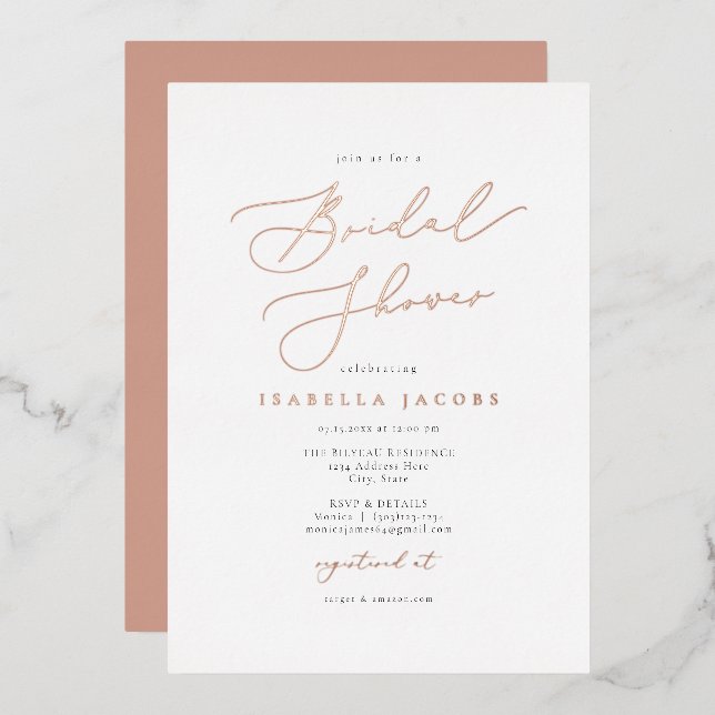 EVELYN Elegante Script Rose Gold Foil Brautparty Folieneinladung (Vorderseite/Rückseite)