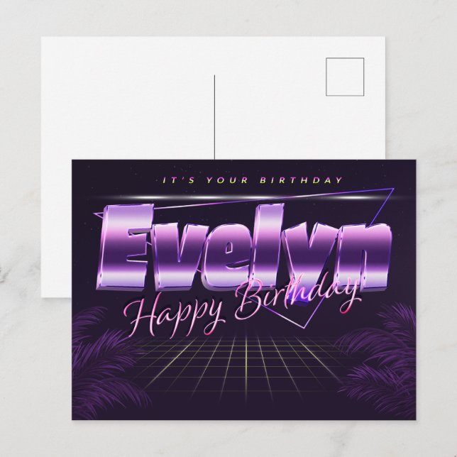 Evelyn Name Vorname lila Postkarte Geburtstag (Vorne/Hinten)