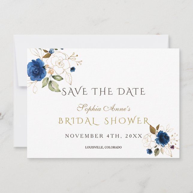 Événement de mariage floral Bleu Or Save The Date (Devant)