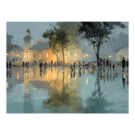 Evening Church Square Rain Reflections Fotodruck