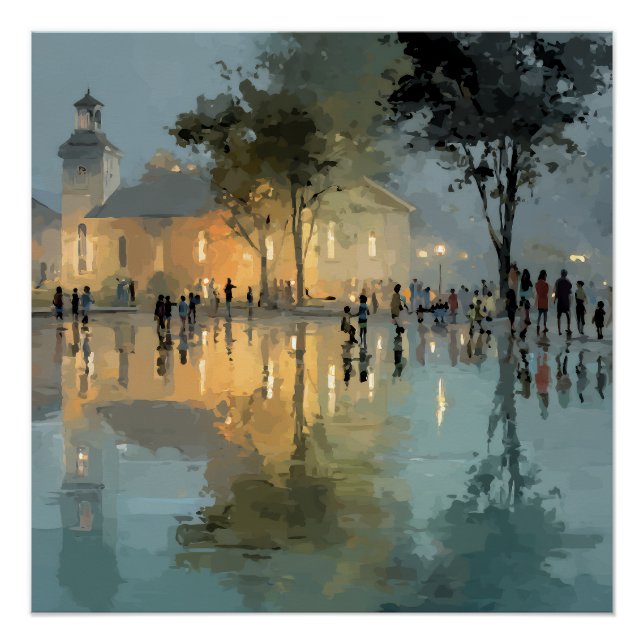 Evening Church Square Rain Reflections Poster (Vorderseite)