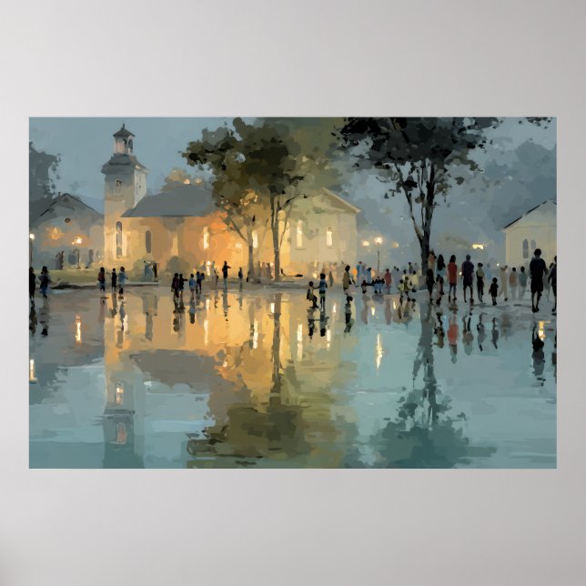 Evening Church Square Rain Reflections Poster (Vorne)