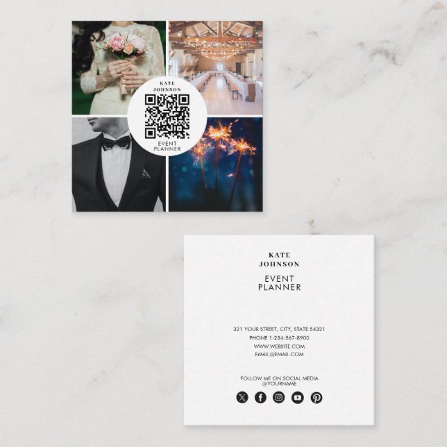 Event-Hochzeitsplaner Foto QR Code Social Media Quadratische Visitenkarte (Vorne/Hinten)