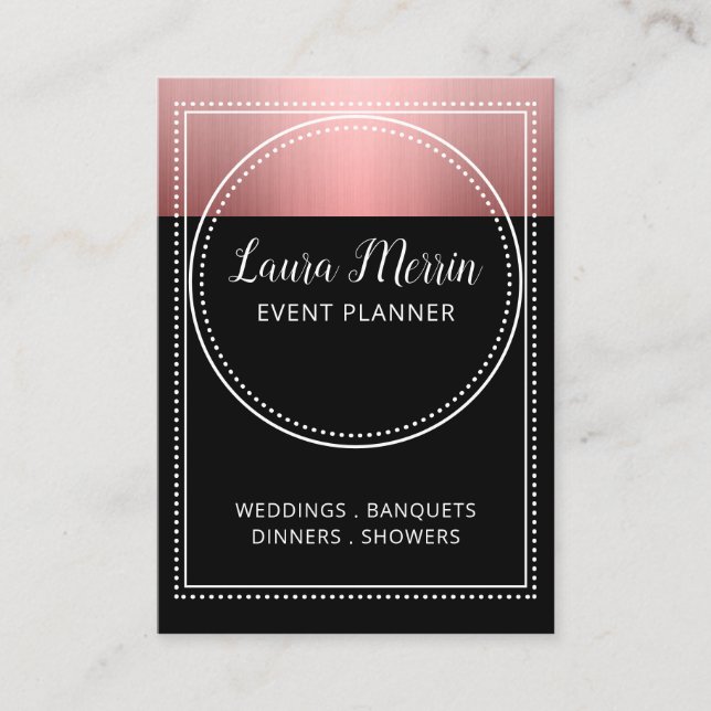 Event-Planer Rose Gold Metallic auf Black Visitenkarte (Vorderseite)