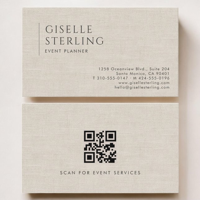 Event Planner Luxury Neutral Linen QR Code Visitenkarte (Von Creator hochgeladen)