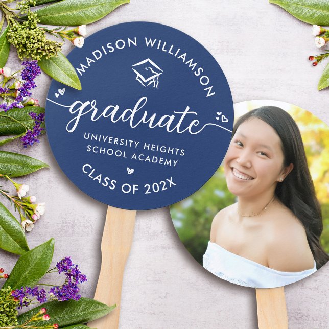 Éventail 1 Diplôme photo Bleu moderne Script Coeurs Casquet (Créateur téléchargé)