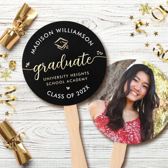 Éventail 1 Graduation Photo Black Gold Script Hearts Casque (Créateur téléchargé)