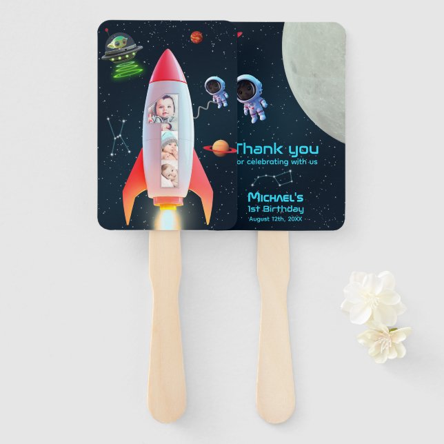 Éventail 1er Anniversaire Space Rocket | Un énorme Merci (Devant et derrière)