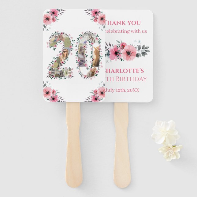 Éventail 20e anniversaire Photo Collage Fille Rose Fleur Bl (Devant et derrière)