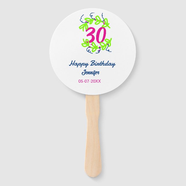 Éventail 30e anniversaire vert bleu couronne nom date rusti (Devant)