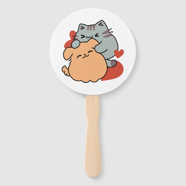 Éventail Adorable chat et chien Hug - Meow & Woof Design (Devant)