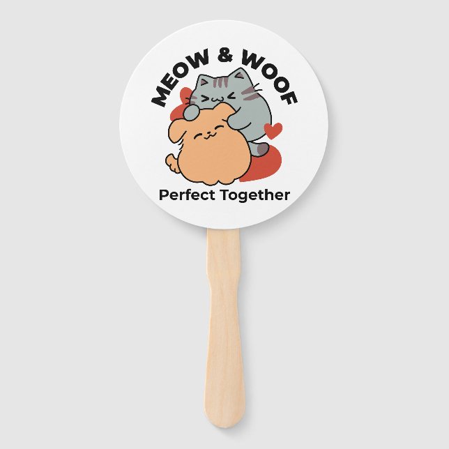 Éventail Adorable chat et chien Hug - Meow & Woof Design (Devant)