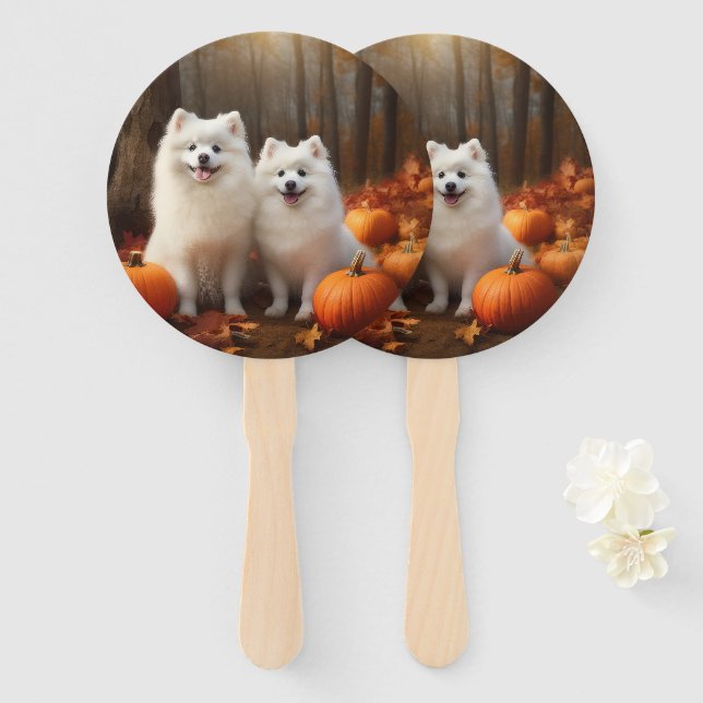 Éventail American Eskimo Chiot Automne Citrouille délice (Devant et derrière)