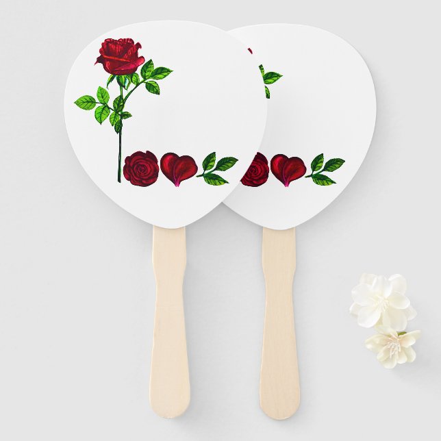 Éventail AMOUR - Ventilateur main Rose peint à la main (Devant et derrière)