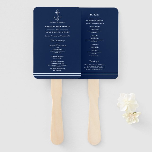 Éventail Ancre Bleu Nautique Blanc  Mariage côté mer (Devant et derrière)