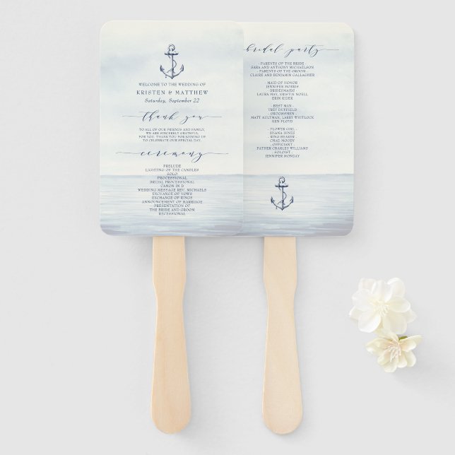Éventail Ancre nautique Aquarelle Océan Mariage (Devant et derrière)