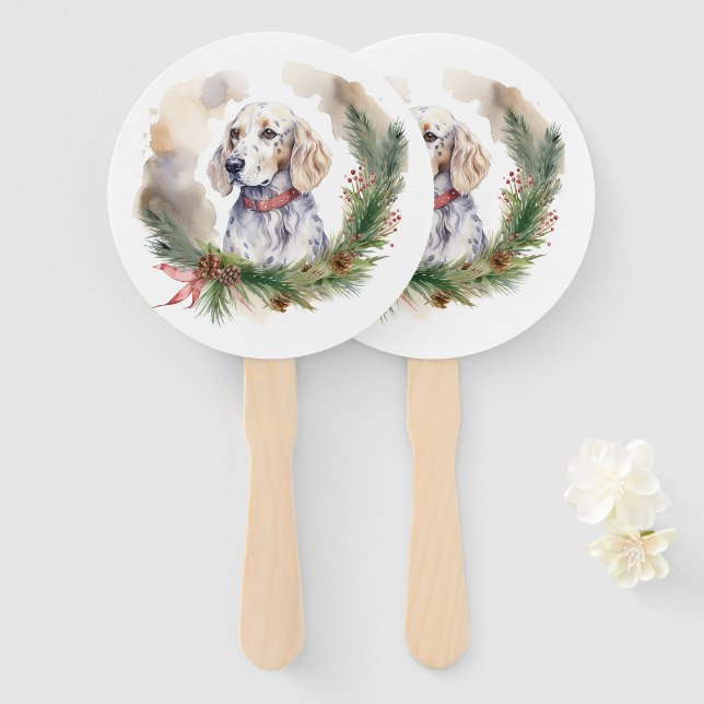 Éventail Anglais Setter Christmas Wreath Festive Pup (Devant et derrière)