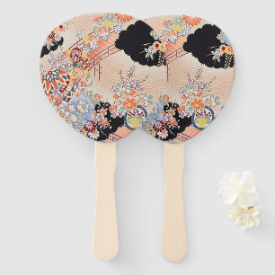 Éventail Antique Orange Noir Japonais Kimono Floral Flower
