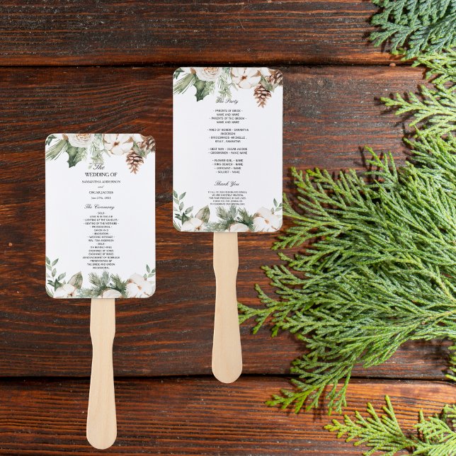 Éventail Aquarelle Arbre de pin vert d'hiver et fleurs blan (Créateur téléchargé)