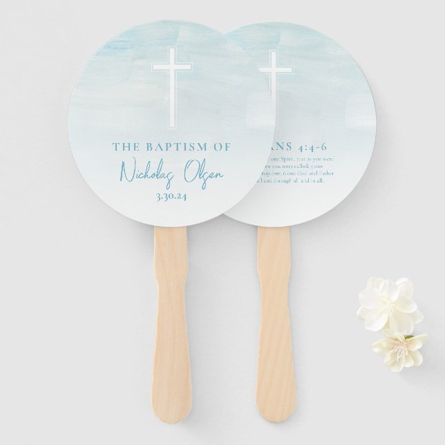 Éventail Aquarelle Baptisée Pastel Blue Hand Fans (Devant et derrière)