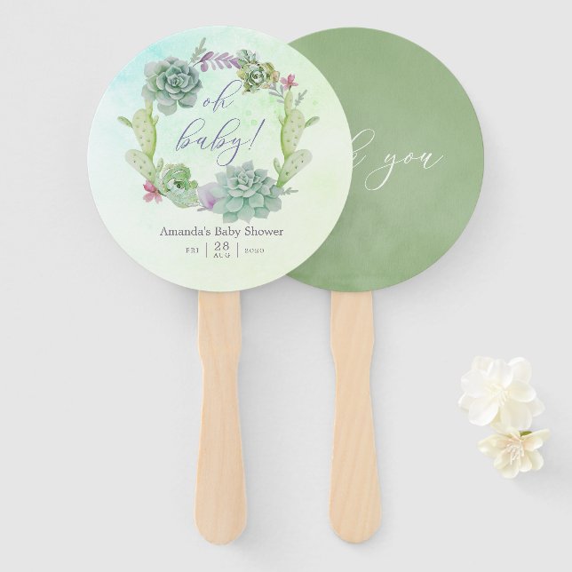 Éventail Aquarelle Cactus Baby shower de succulents (Devant et derrière)
