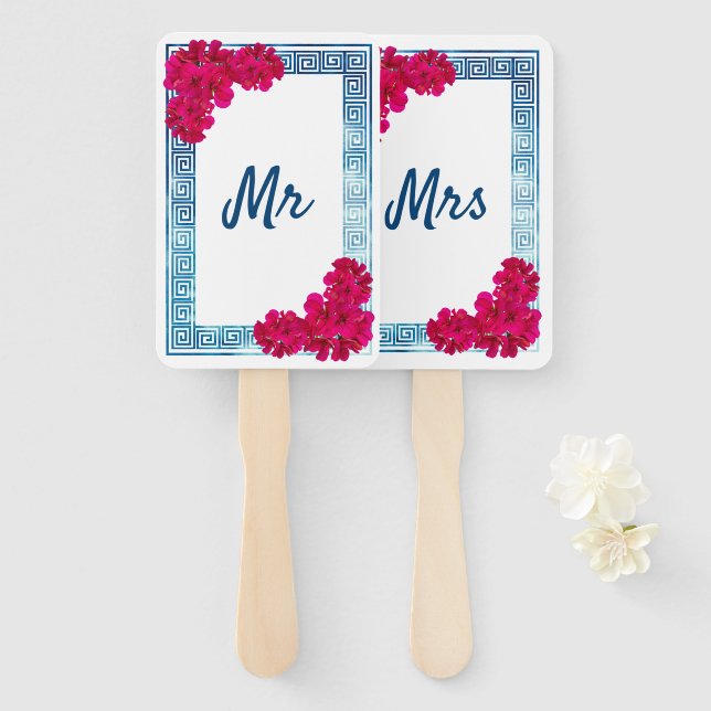 Éventail Aquarelle Elégance Grecienne + Jeu Mariage rose (Devant et derrière)