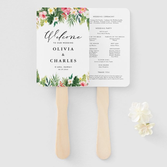Éventail Aquarelle Fleurs tropicales Mariage d'été (Devant et derrière)